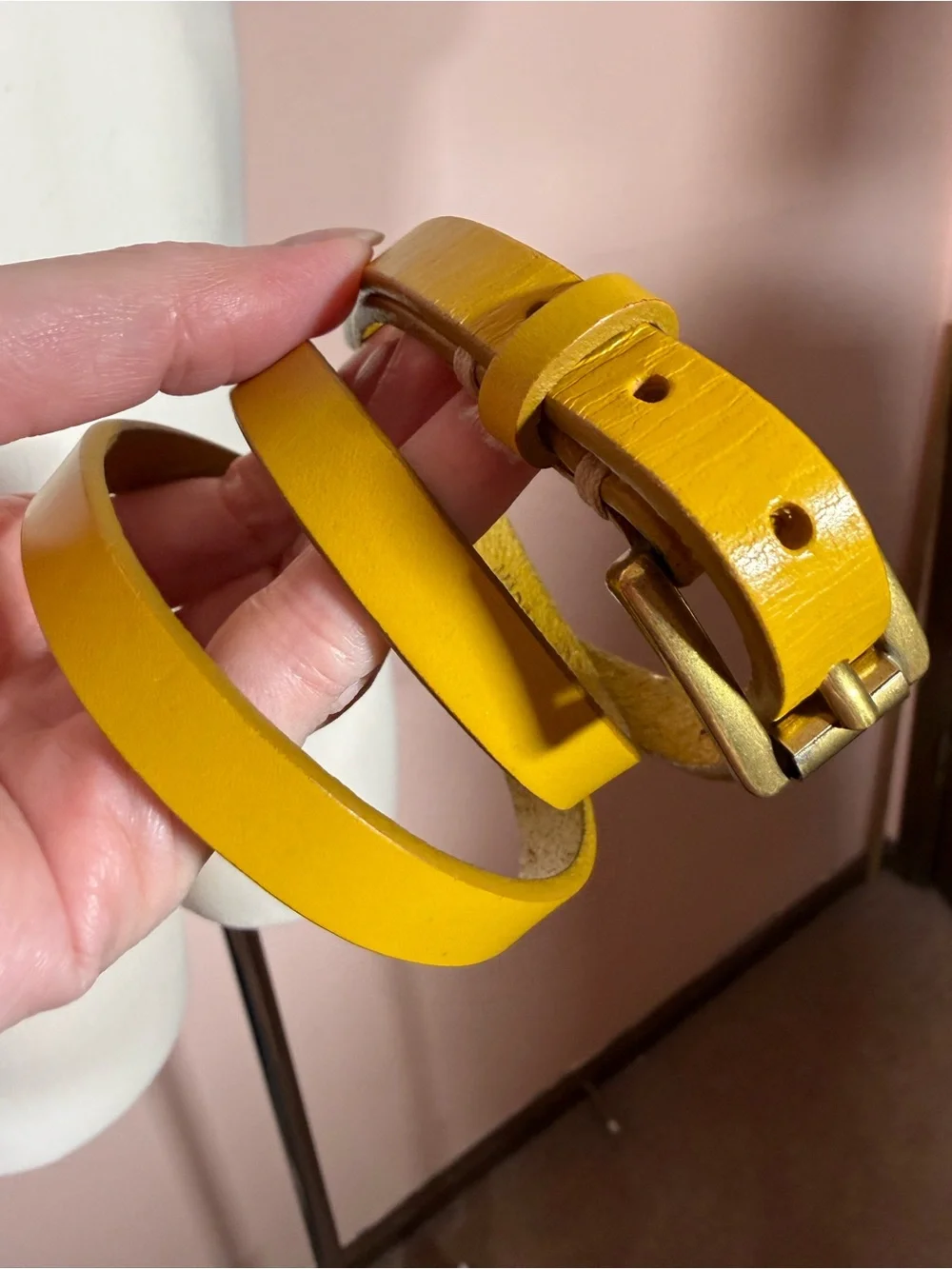 Vintage retro yellow leather minimalist ultra skinny Belt small medium